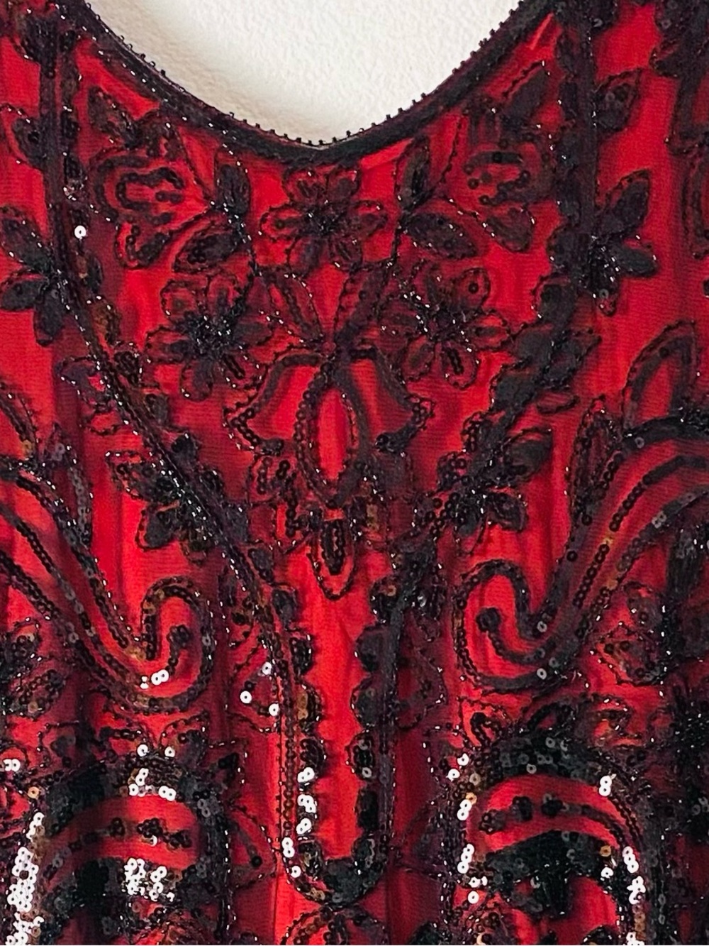 Fundaisy 1920s Red Black Sequin Fringe Flapper Dress Large Gatsby Cocktail Party - Picture 7 of 12